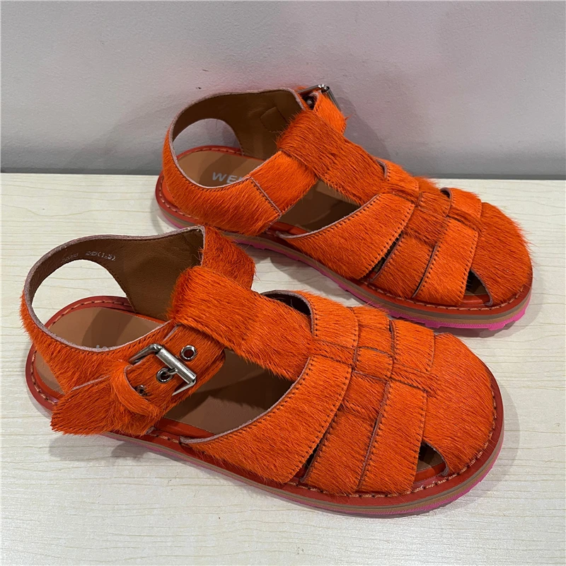 Оранжеви Дамски Сандали от конски косъм, Дамски лятна ежедневни плажни обувки на равна подметка, Женски Гладиаторски сандали със затворени пръсти