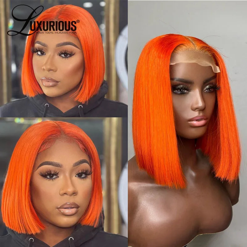 Оранжеви перуки, с къси прави косата за жени 13x4 отпред, Прозрачна Дантела перуки, изработени от човешка коса, предварително Выщипанные Перуки от естествена линия на растеж на косата