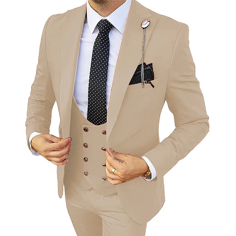 Официални Мъжки Сватбен костюм от 3 части, Смокинг на Младоженеца, Приталенные Бизнес Костюми, Булчински костюм с цвят на Шампанско, Homme (Сако + панталон + елек)