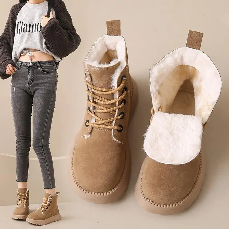 Памучен дамски обувки Сладко Bear Bread, зима 2023, нови топли зимни обувки за момичета на платформата с руното облицовка, S