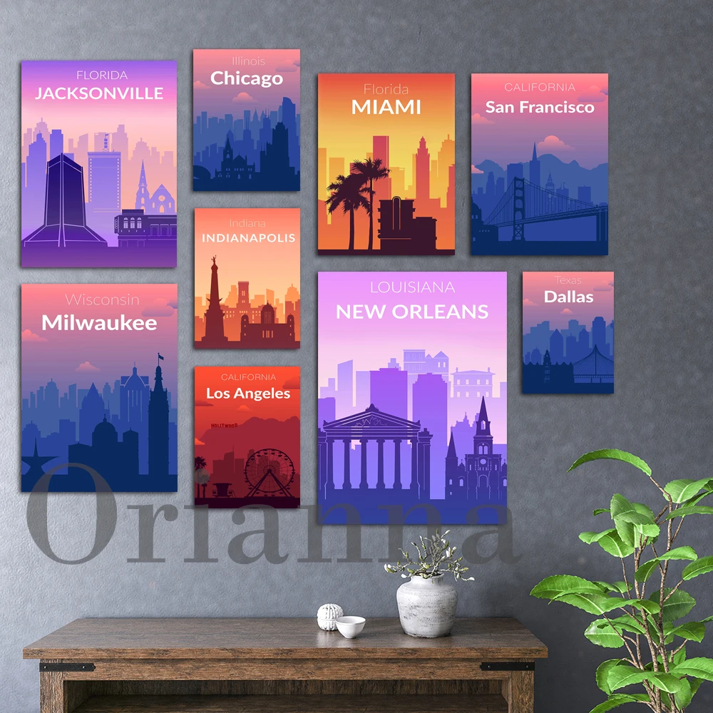 Плакат градове в САЩ, Маями, Вашингтон, Сан Франциско, Лос Анджелис, Ню Йорк, Далас, Кливланд, Чикаго, Детройт, Подарък за стена за пътуване