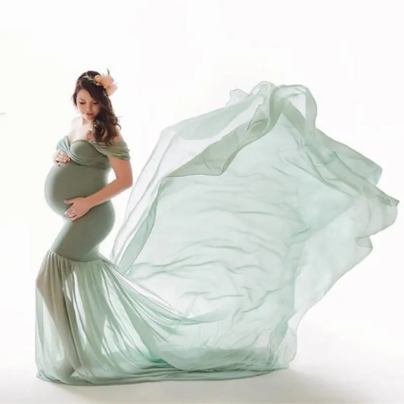 Подпори за фотография на бременни Кърпа за бременни Памук + шифон, дрехи за бременни с открити рамене, полукруглое рокля за фотография на бременни