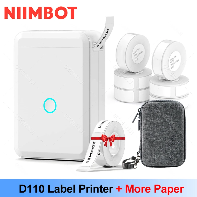 Принтер за Етикети Niimbot D110 с Чанта-футляром и Ролята на Прозрачна Бяла хартия Official Tag Print Maker Machine