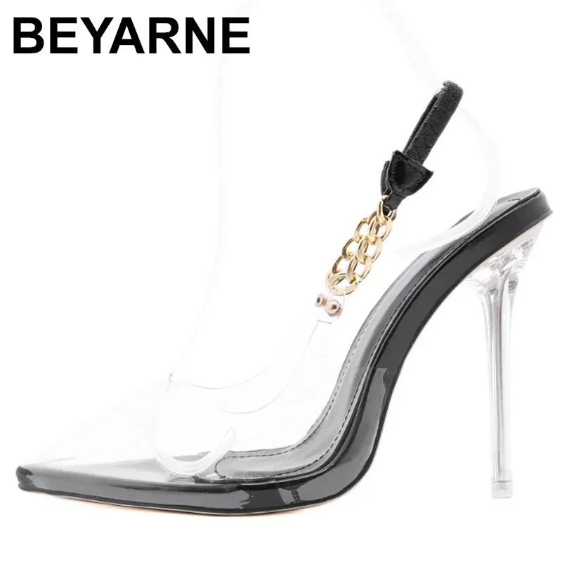 Прозрачни дамски обувки-лодки, пикантен дизайн с веригата и с остър пръсти, сватбени дамски обувки на висок ток-висок ток с кристали