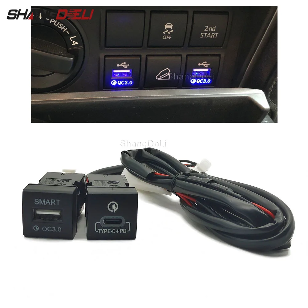 Промяна зарядно за кола за телефон с две интерфейс конектори за бързо зареждане на USB Type-c PD за Toyota PRADO 2018-2022