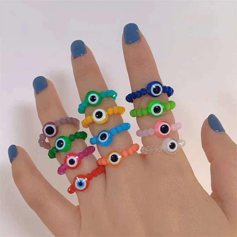 Пръстена от разноцветни кристални мъниста за жени, турска смола, топчета със синьо око, Еластична нишка, пръстен на пръста си, Щастливи бижута ръчна изработка