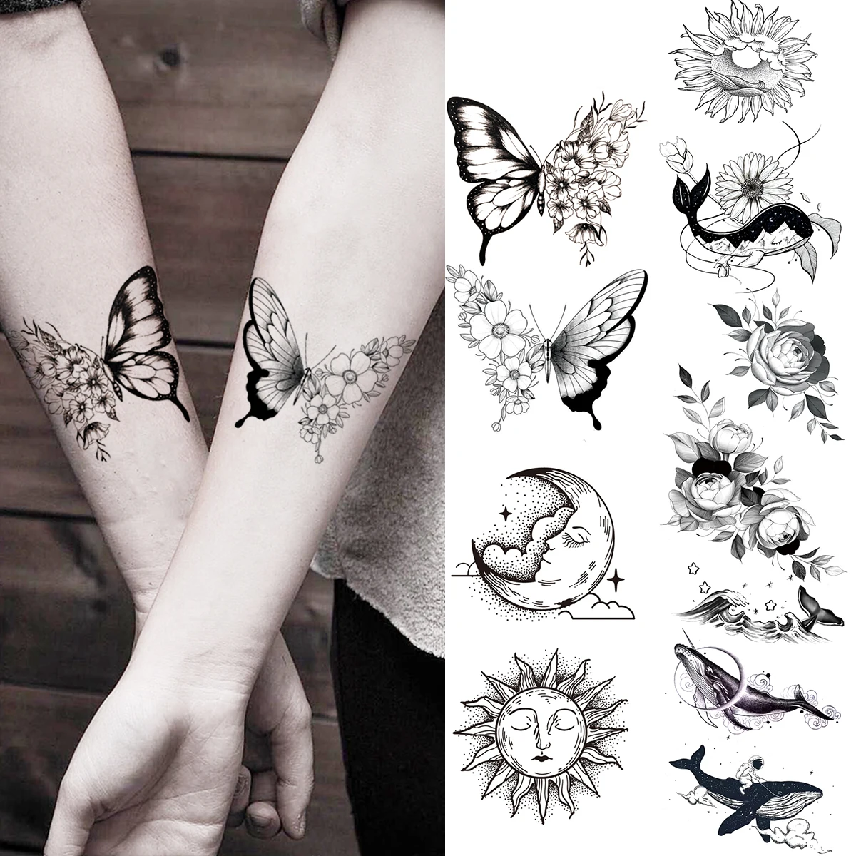 Реалистична Пеперуда Временни Татуировки На Китката За Жени Момиче Луната Слънцето Кийт Розата Е Цветето На Фалшива Татуировка Стикер Мода Моющаяся Татуировка