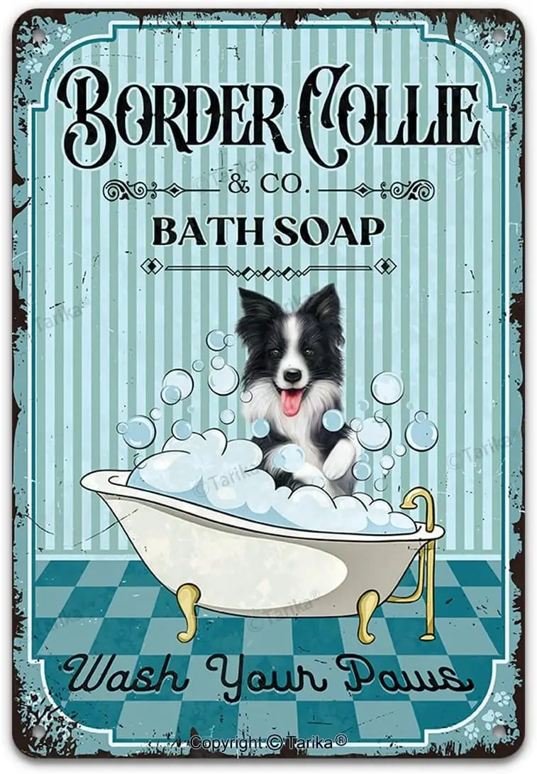 Реколта Метална лидице знак за кучета Border Collie Co. Сапун за баня, Измийте лапите, Забавно Сладко куче, кученцето Художествена печат за домашни любимци, плакат