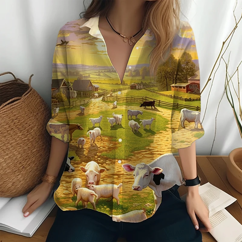 Риза с 3D-принтом Ranch, Модни Риза Големи размери, Дамски Свободна Риза За Отдих, Пролетно-Есенна Градинска Проста Риза С дълъг ръкав