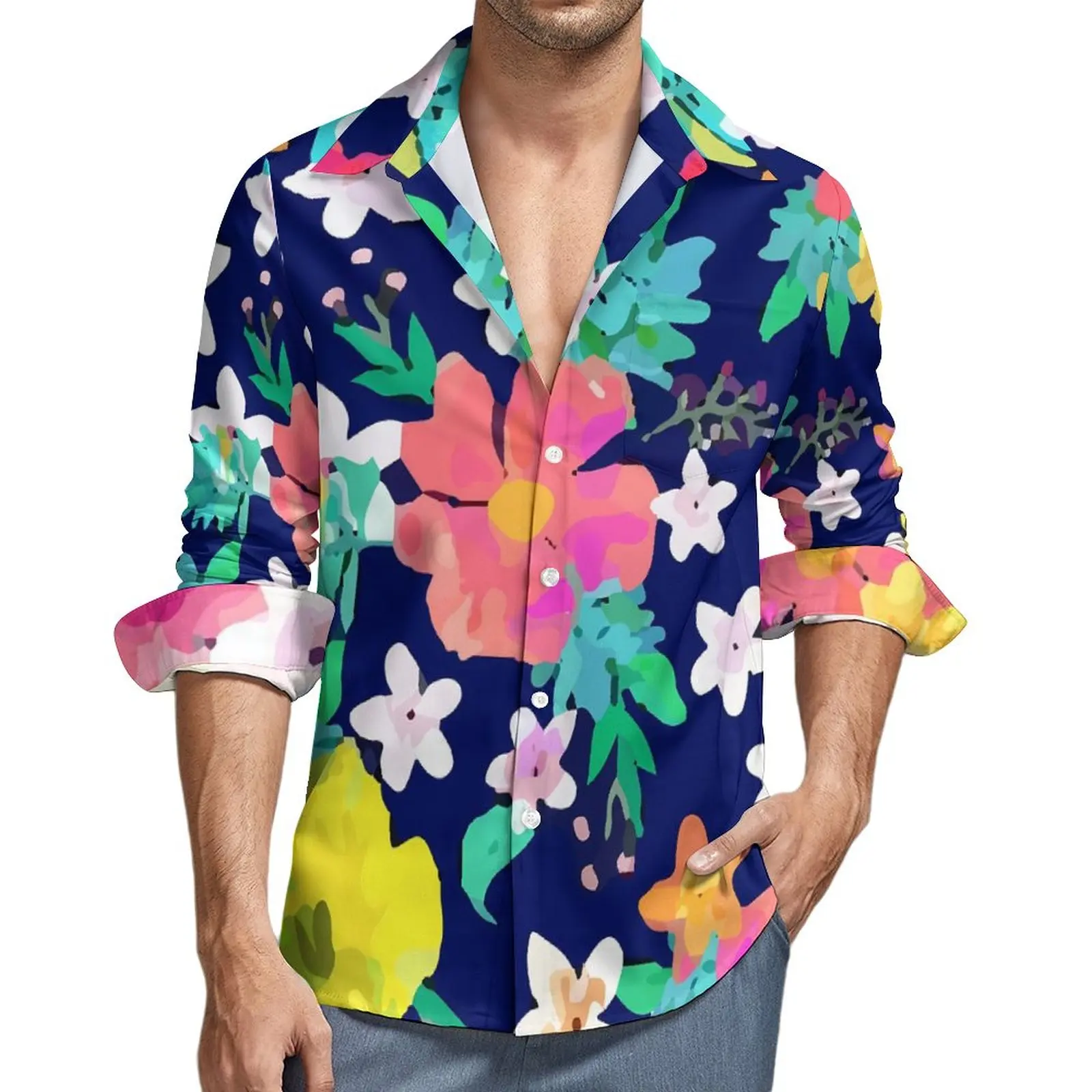 Риза с тропически цветя принтом, Есенни ежедневни ризи с цветни принтом, мъжки Тенденция блузи с дълъг ръкав, Забавни дрехи големи размери