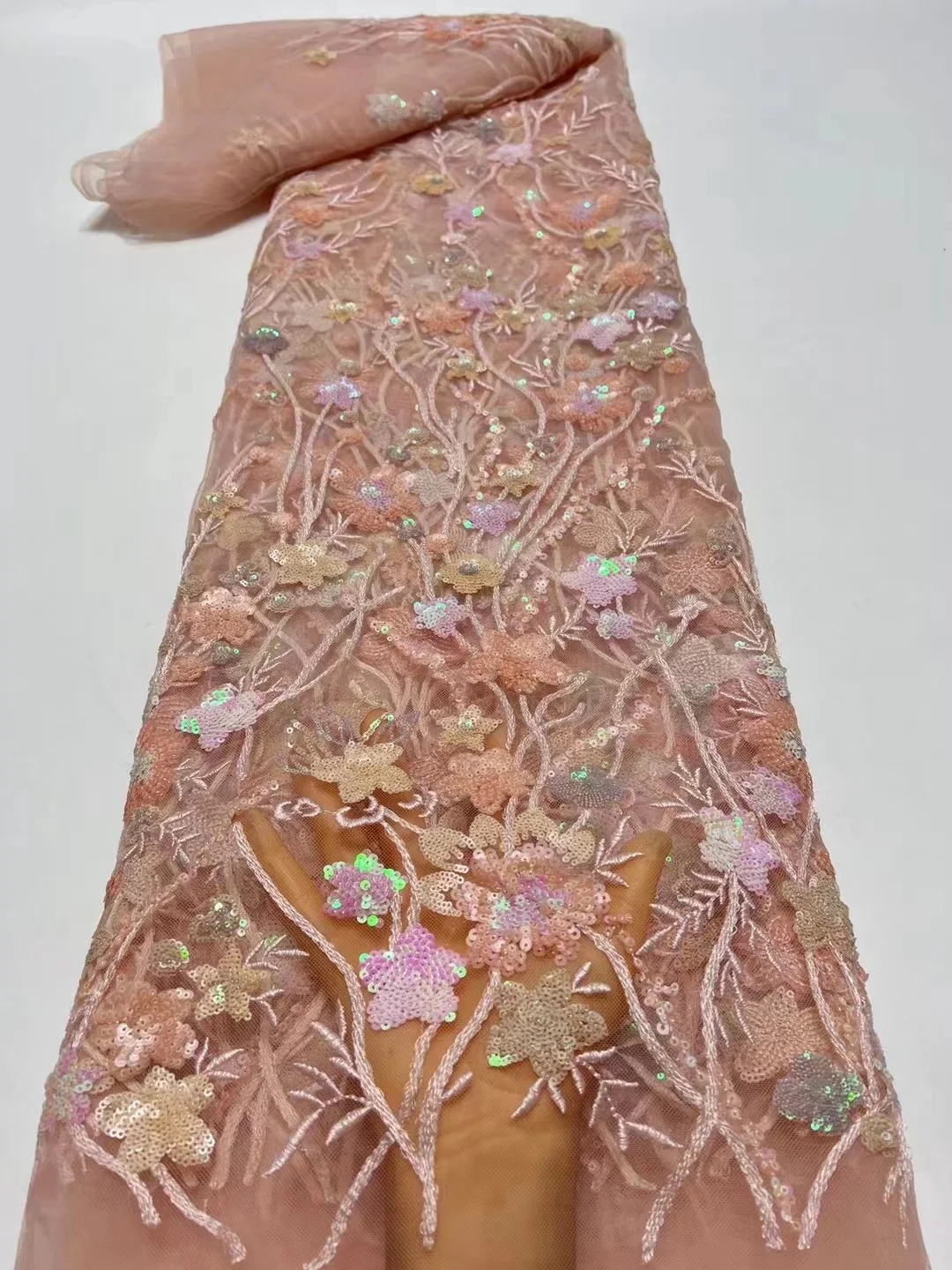 Розови Нигерийски дантелени тъкани Африканска лейси плат 2023 Висококачествена дантела с пайети Френска лейси плат за шивашки рокли