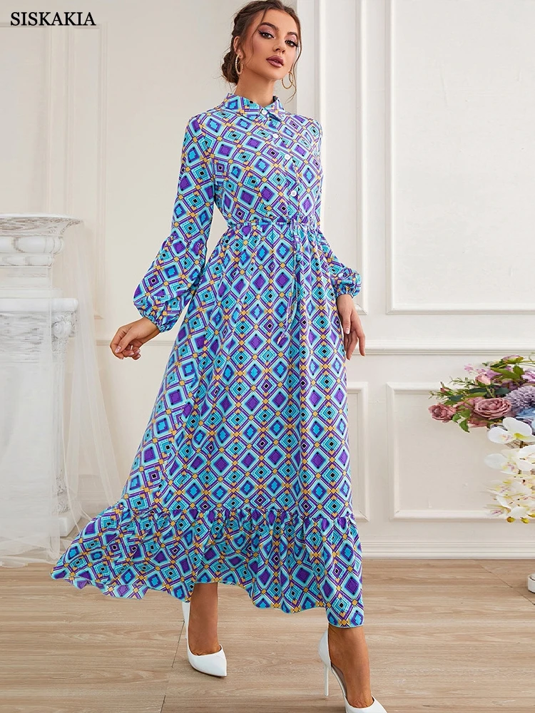 Рокли за жени 2022, синя рокля трапецовидна форма, с висока талия и дълги ръкави в стил ретро с геометричен принтом, дълга вечерна рокля Пролет-лято