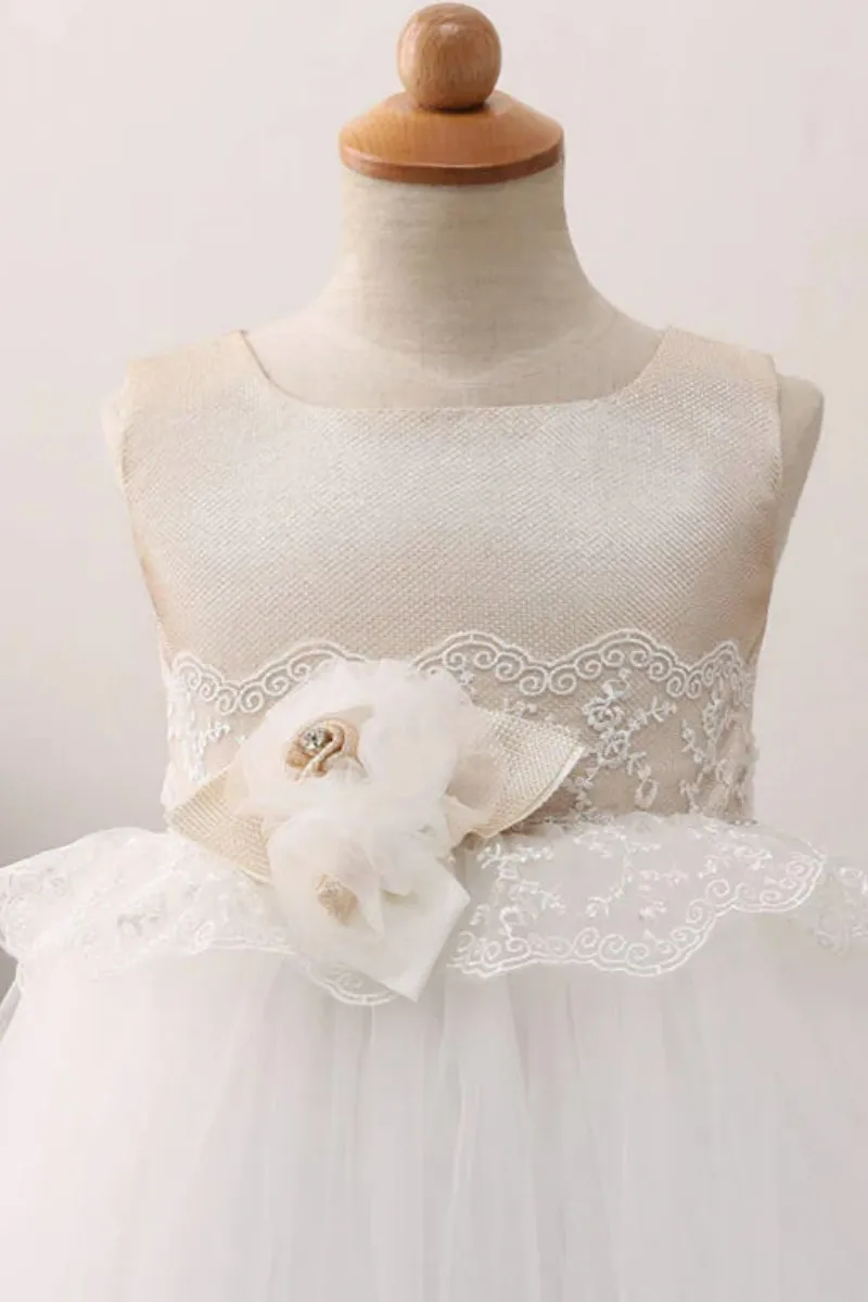 Рокля на цветчета за момичетата цвят шампанско и бяла лейси апликация за деца с 3D цветове, подходящи сватбени рокли за парти за рожден ден