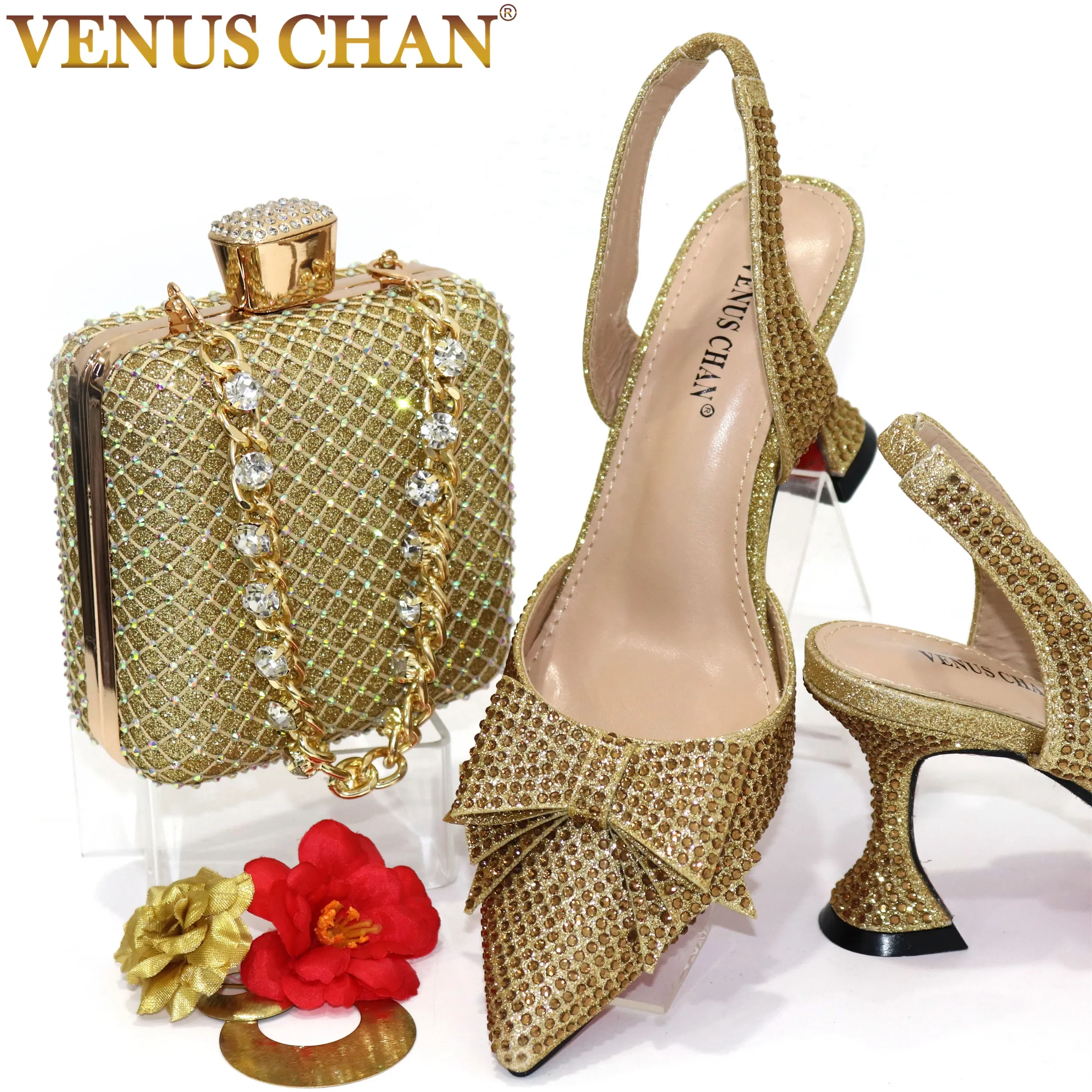 Сватбени обувки с високи токчета за жени 2024 г. с остър пръсти и лъкове, с кристали златист цвят, елегантен комплект сватбени обувки и чанти за партита