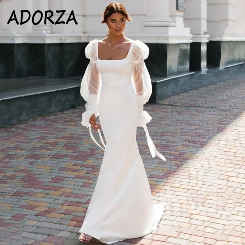 Сватбени рокли ADORZA С дълги буйни ръкав и тромаво яка, сватбена рокля в стил бохо, елегантна рокля-русалка с дължина до пода за булката