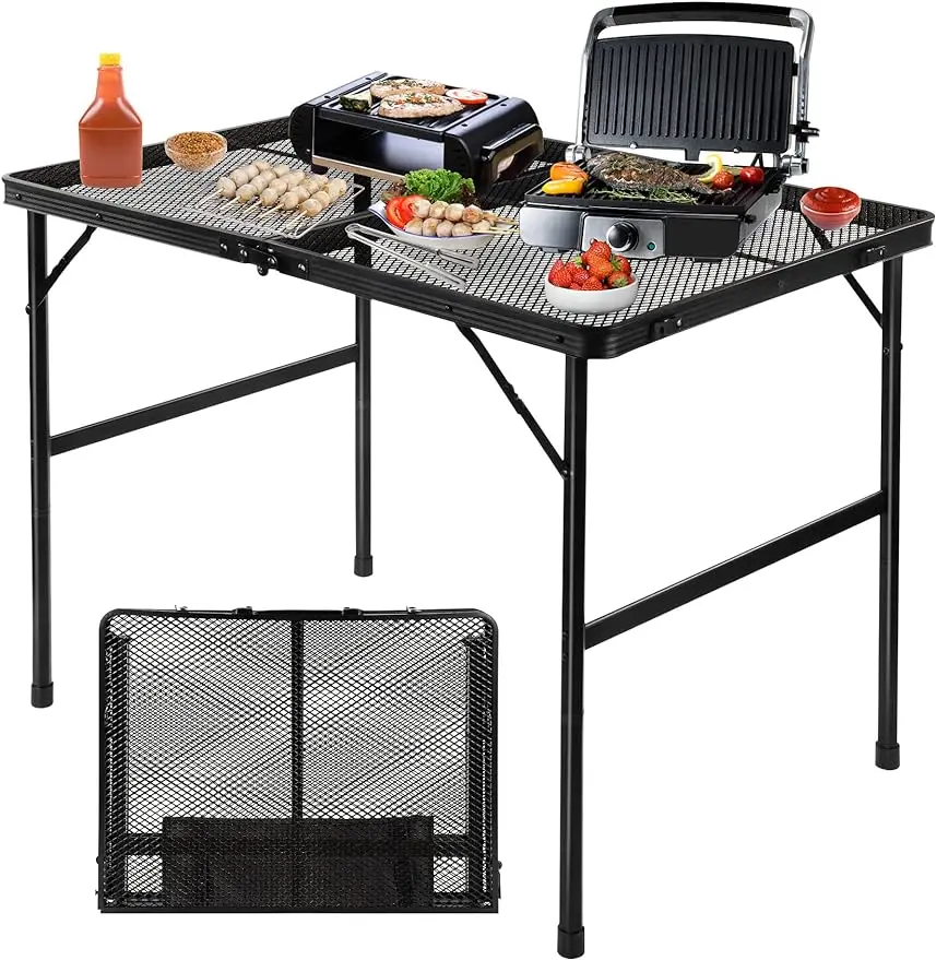 Сгъваема маса за печене Grovind Походный маса с мрежесто работно бюро, лесно 3-крак метална маса на открито за къмпинг, пикник