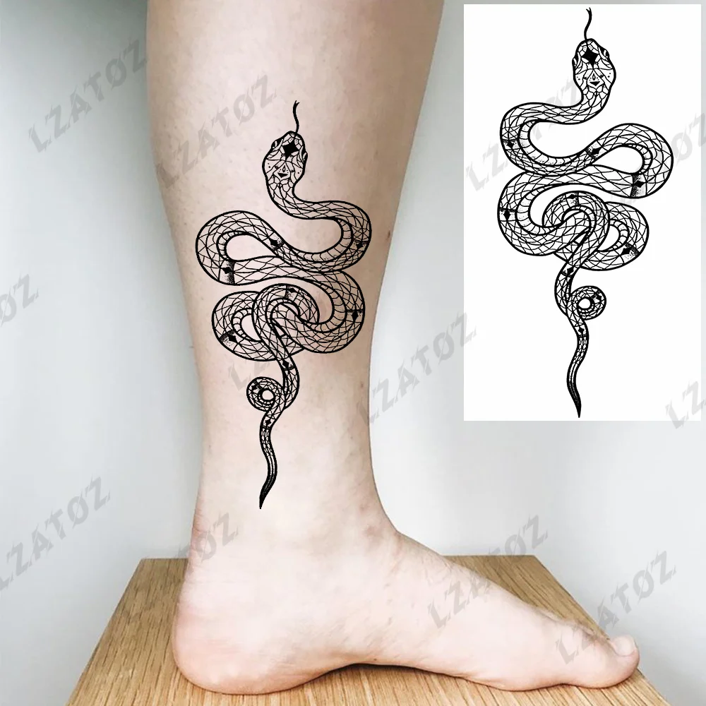 Секси временна татуировка Mamba Змия Snake За възрастни жени, реалистична стикер с изкуствена татуировка във формата на Лилия и божур, Пере татуировки по краката