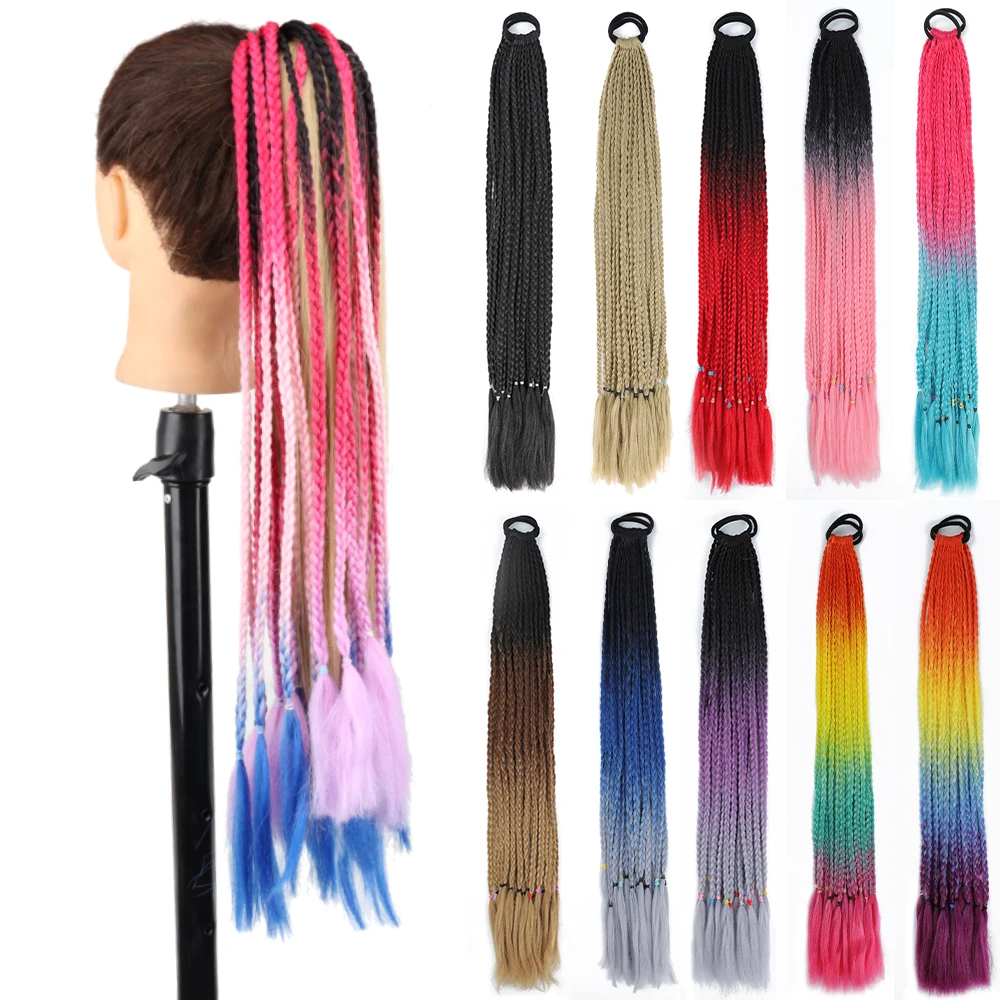 Синтетична ракита spit AZQUEEN с еластична гумена лента, 24 инча, Многоцветни градиентные мръсни опашка, перука, удължаване на коса за деца, Плетени опашка