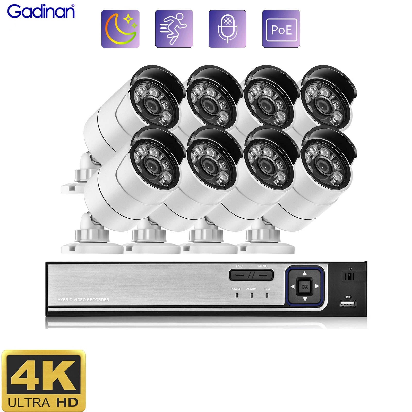 Система за външни камери за нощно виждане Gadinan 8MP 4K, 8-канален комплект за ВИДЕОНАБЛЮДЕНИЕ НРВ, Комплект за видео наблюдение с двоен източник на светлина, Ip камера