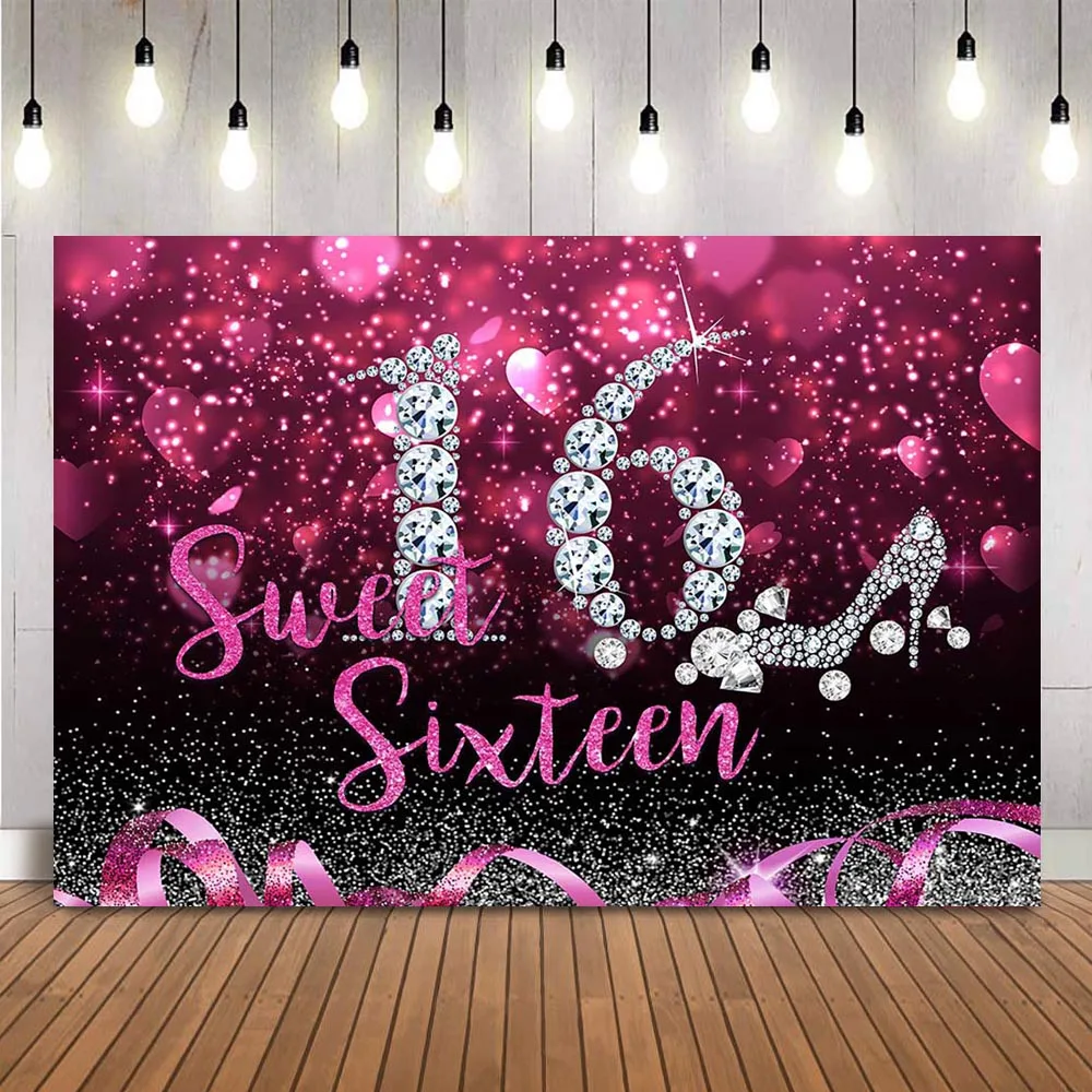 Сладък фон за рождения ден на Шестнадесет, украса за парти в чест на рождения ден на момичета с 16 диаманти, Розово боке, блестящ фон за снимки, студиен подпори