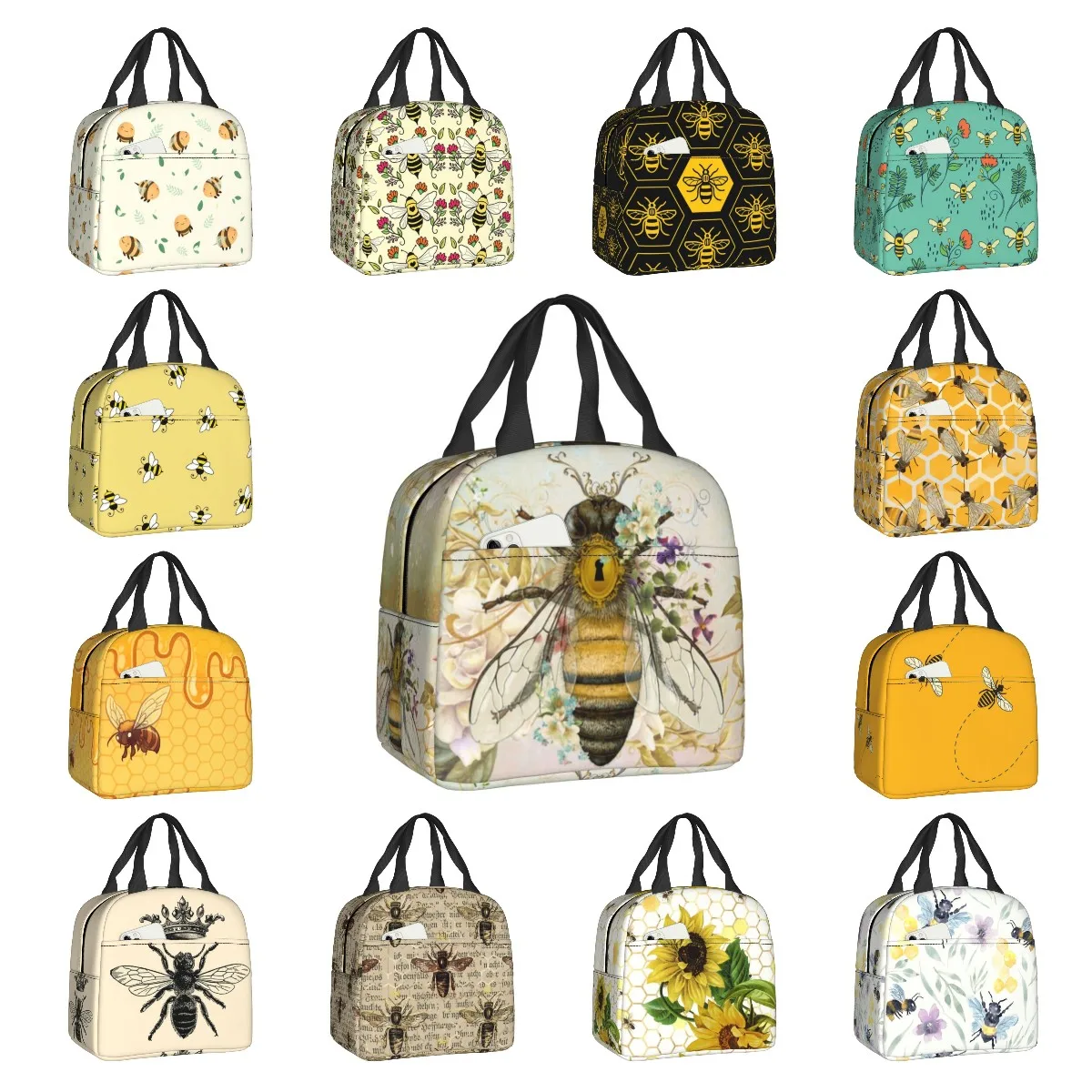Случайна чанта за обяд в ретро портретен стил Honey Bee, за жени, за многократна употреба термоохладитель, кутия за обяд, офис за пикник, пътуване