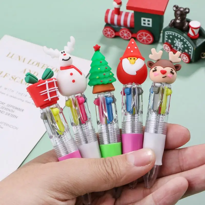 Случайни 5шт Kawaii Коледа Mini 4-цветна химикалка писалка Сладък Дядо Коледа Коледна Елха Дръжки във формата на лос Канцеларски подарък учебни принадлежности