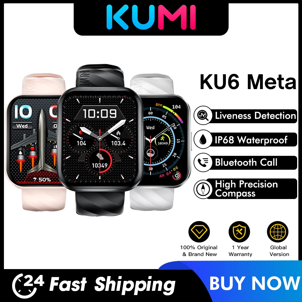 Смарт часовници KUMI KU6 Meta 1,96 Инча, 100+ Изящен Циферблат с Компас, Bluetooth-Предизвикателство, Определяне на Сърдечната Честота в реално време, IP68, Водоустойчив