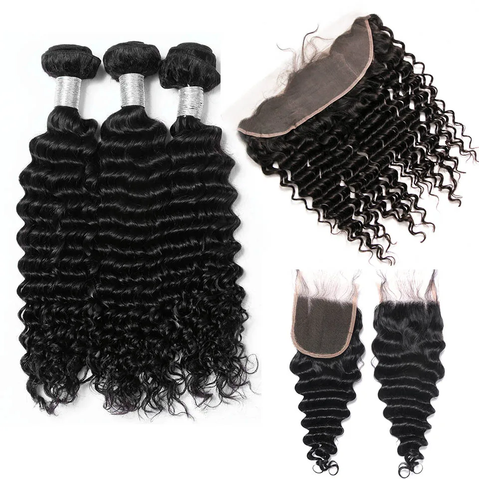 Снопове бразилски коса Remy с дълбока вълна И закопчалка, Наръчи от човешка коса с естествен черен цвят предна част, 3 Серии