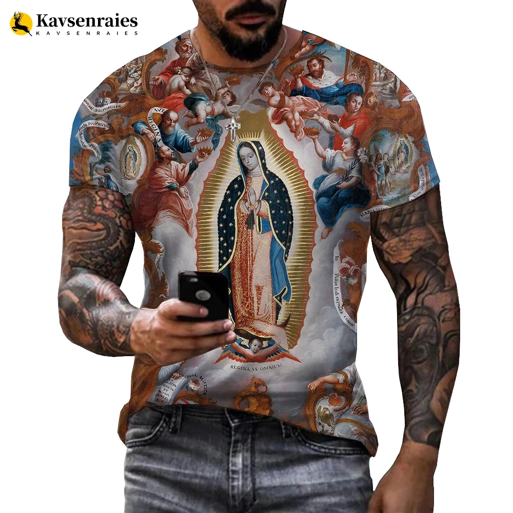 Тениска с религиозни 3D-принтом Guadalupe Virgin Mary За мъже и жени, лятна модни и ежедневни дрехи за мъже с кръгло деколте и къс ръкав