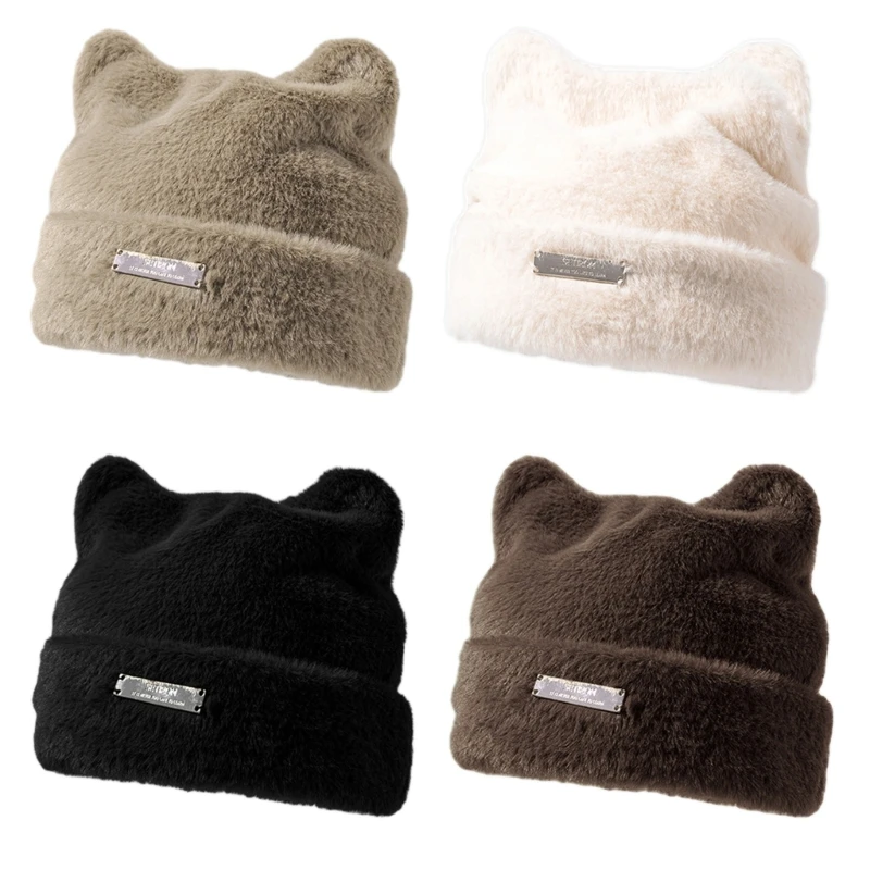 Топла зимна шапка за жени, Вълнени плюшени шапки с кошачьими уши, зимна качулка F3MD