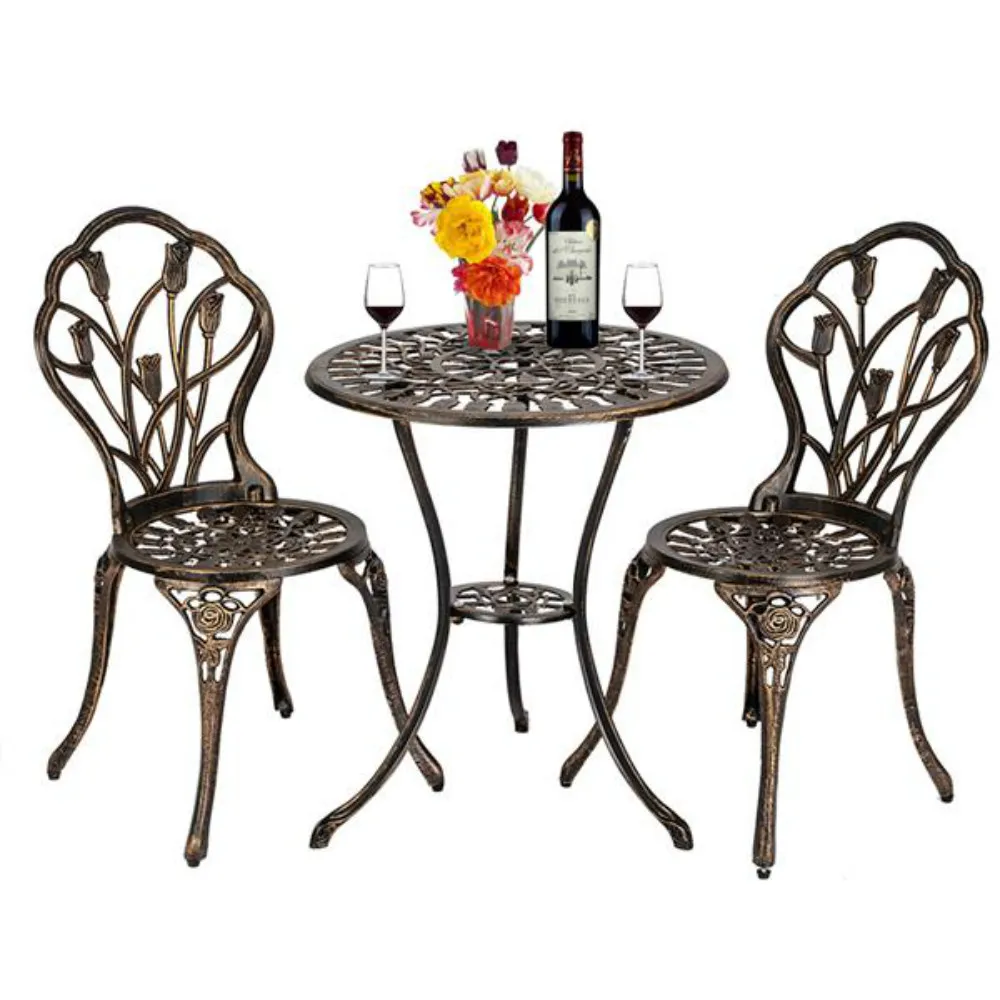 Уличен маса и столове от алуминий в европейски стил от 3 теми Tulip Bistro с красив завършек под античную бронз