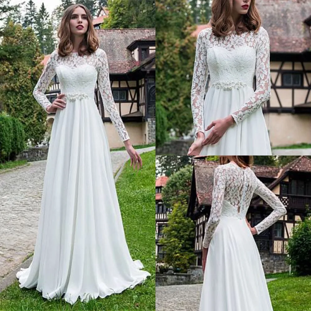 Фантастично сватбена рокля завързана с дълъг ръкав, Шифоновый струята, расшитый мъниста, Vestido de noiva 2019, сватбена рокля