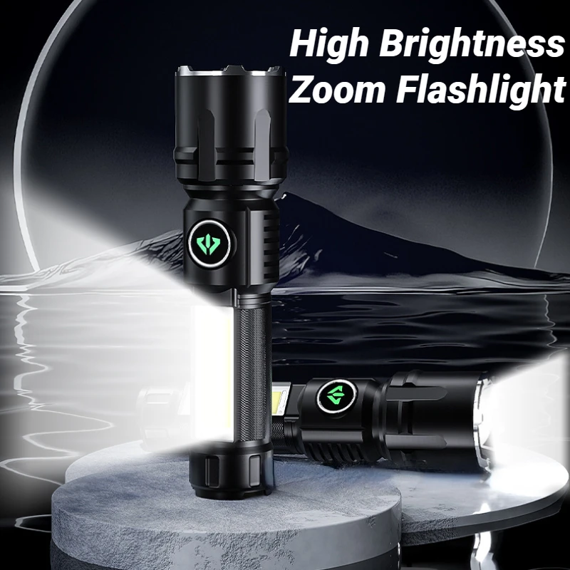 Фенерче със силна светлина, далекобойност, зареждане чрез USB, зумирование, водоустойчив външен авариен ABS-фенерче със странични фенери, COB, фенерче