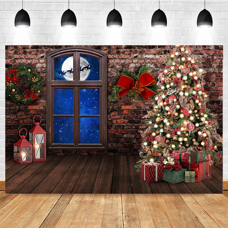 Фон за коледното снимки Mocsicka, Коледно дърво, прозорец, за украса на една тухлена стена, декори, фон за снимка с портрет, дете, банер