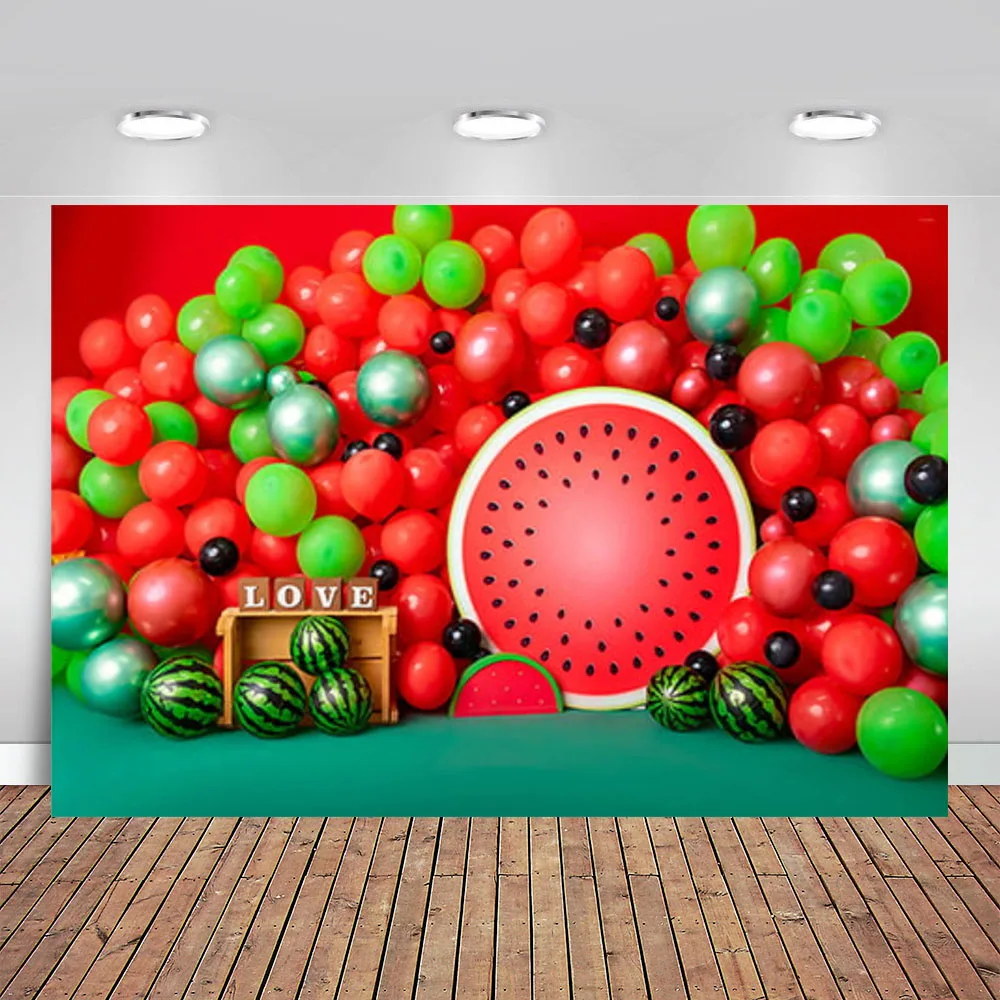 Фон за снимки Дървена стена Летни Арбузно-зелени Листа Детски фон за торта за 1-вия рожден ден на фотографско студио