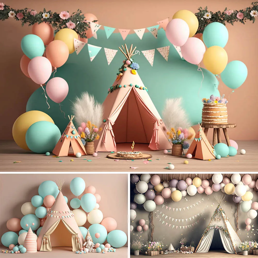 Фон за снимки с разбито торта за новородено, Пролетно палатка, Пъстри цветя от балони, Декоративен Фон за детската душа, фотографско студио