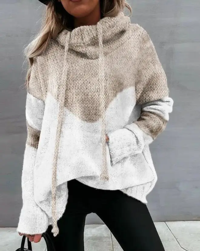 Цветен дебел вязаный пуловер с дълъг ръкав, една нова мода, хит на продажбите 2023, женски висока яка, в есенно-зимната изолация