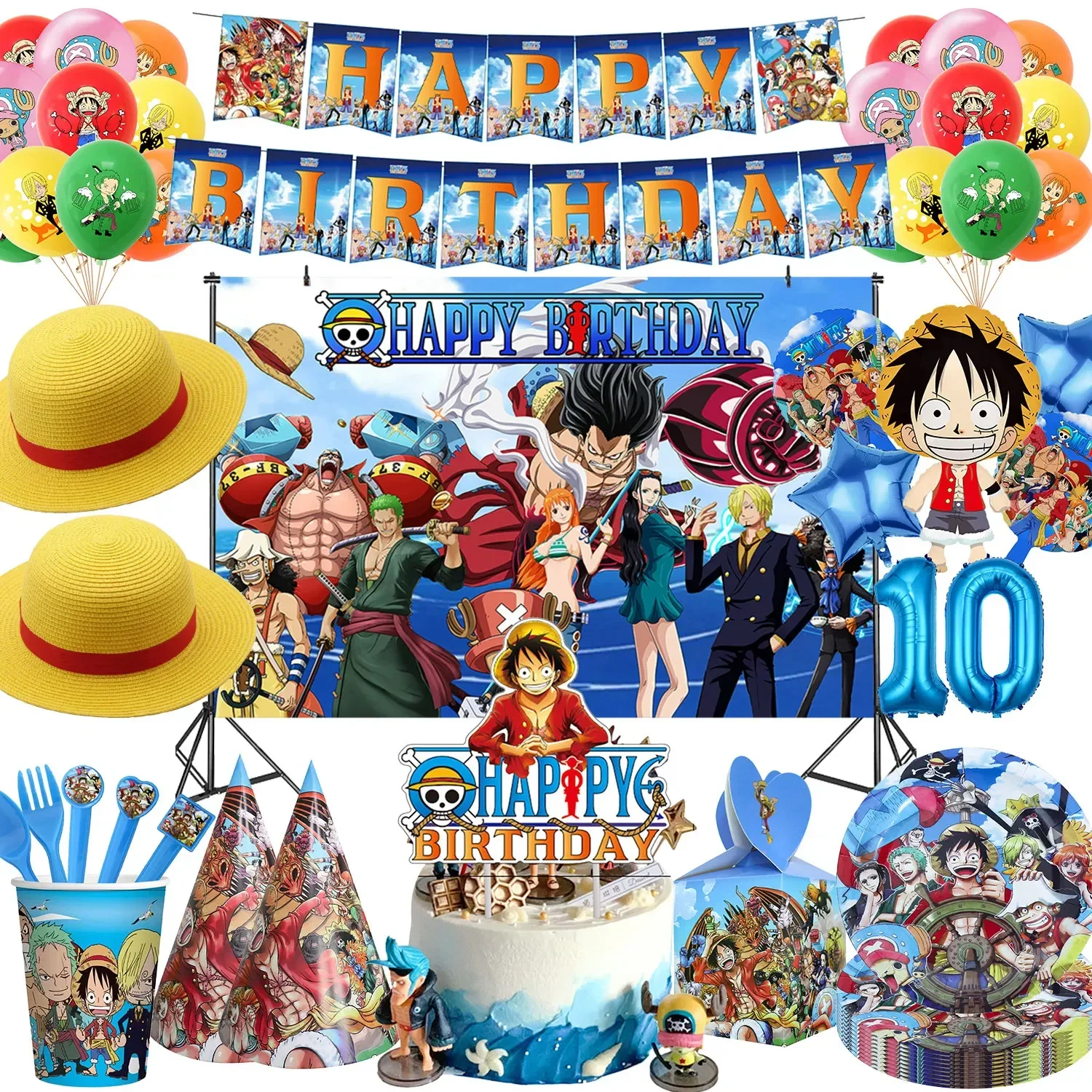Цели съдове за парти Luffy, украса за парти по случай рожден Ден, аниме-на фона на банер, Topper за торта, Чаша, Слама Подарък кутия, Окачване с балон