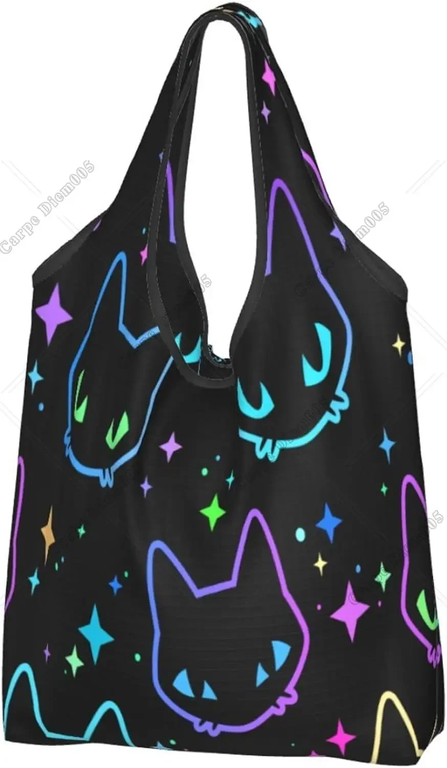 Чанта за пазаруване с неонови осветена в лилаво черна котка за Хелоуин за жени, миещи Сгъваеми чанти за пазаруване, чанта за рециклиране, преносим купувач