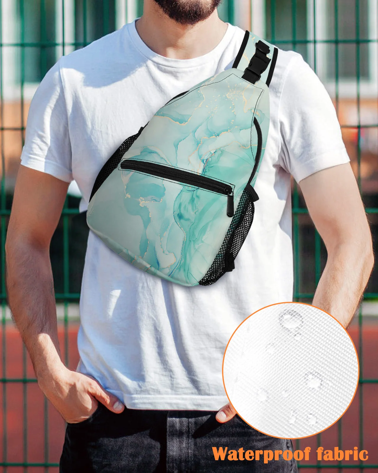 Чанти на гърдите с мраморна текстура наклон цвят Aqua за жени и мъже, водоустойчива чанта за пътуване на открито, спортна чанта през рамо