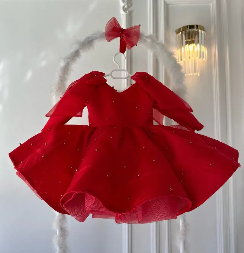 Червена рокля ръчна изработка за малки момичета с дълги ръкави, рокля на принцеса с дължина до коляното, детско празнично облекло за рожден ден с лък в главата