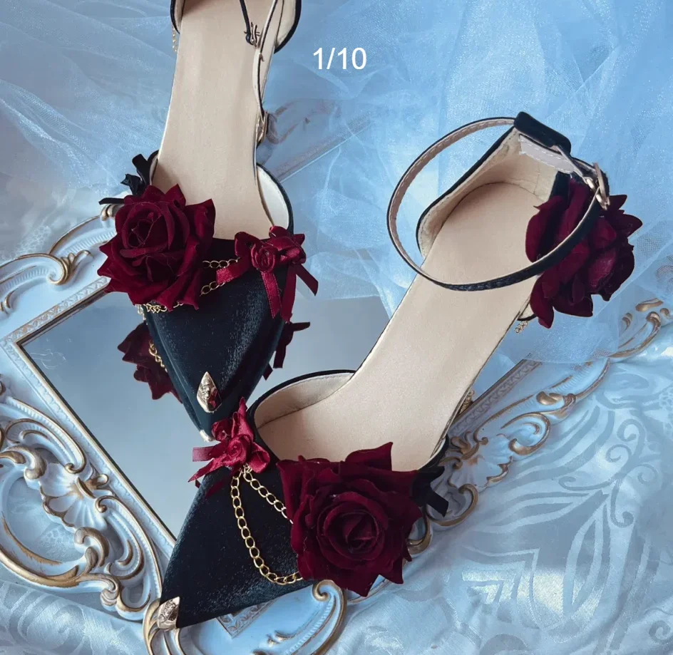 Черна червена обувки в стил готик Лолита, сватбени обувки в стил Лолита 