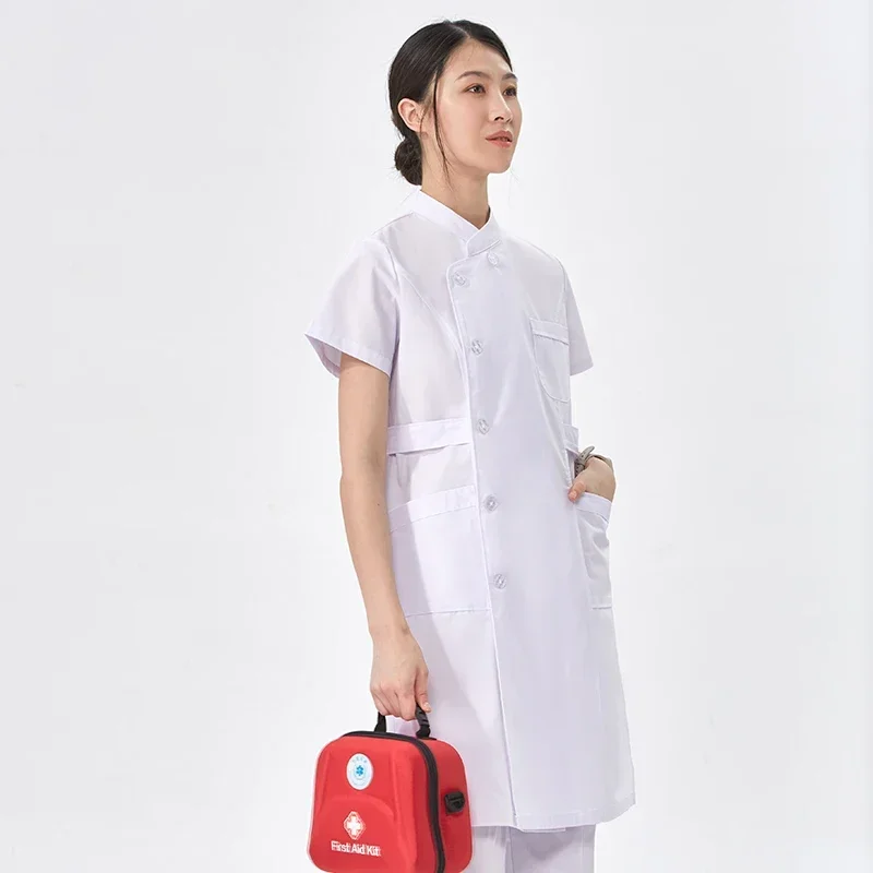 Чисто бял халат сестра, жена на медицински униформи, халат с дълъг ръкав, работно облекло, Болнични халати, медицински униформи