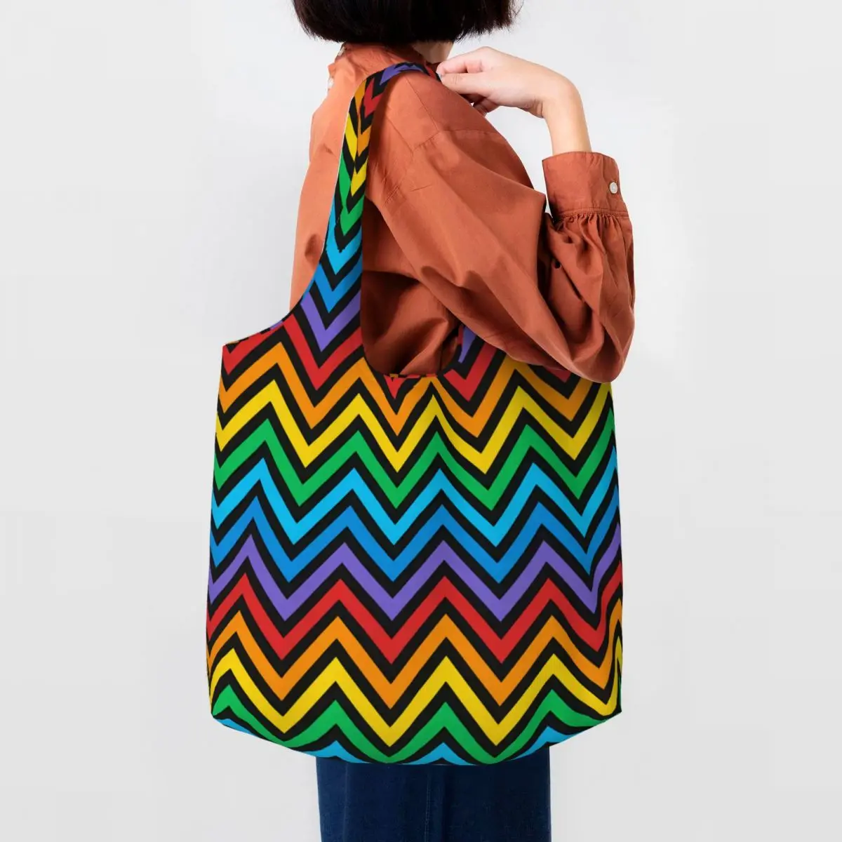 Шевроните, цветни чанти-тоут с зигзагообразным модел, за многократна употреба богемные модерни геометрични чанти за пазаруване от магазин за хранителни стоки платно на рамото