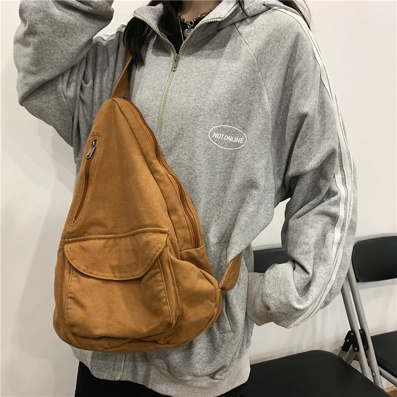 Японската холщовая чанта през рамо Harajuku, дамски нагрудная чанта на едно рамо, проста мъжки талия в гонконгском стил.